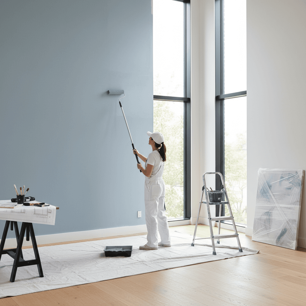 Painter applying paint to an interior wall