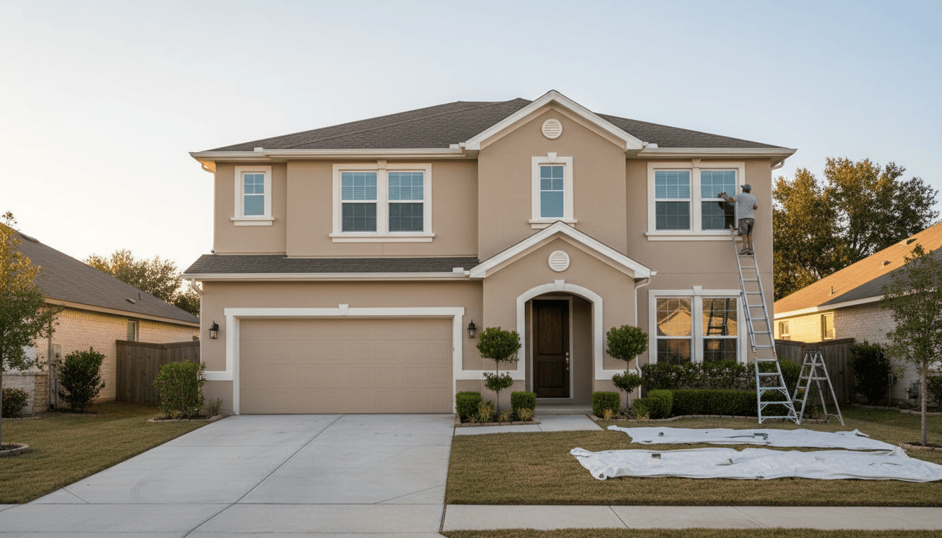 Freshly painted house exterior with clean trim under a blue sky