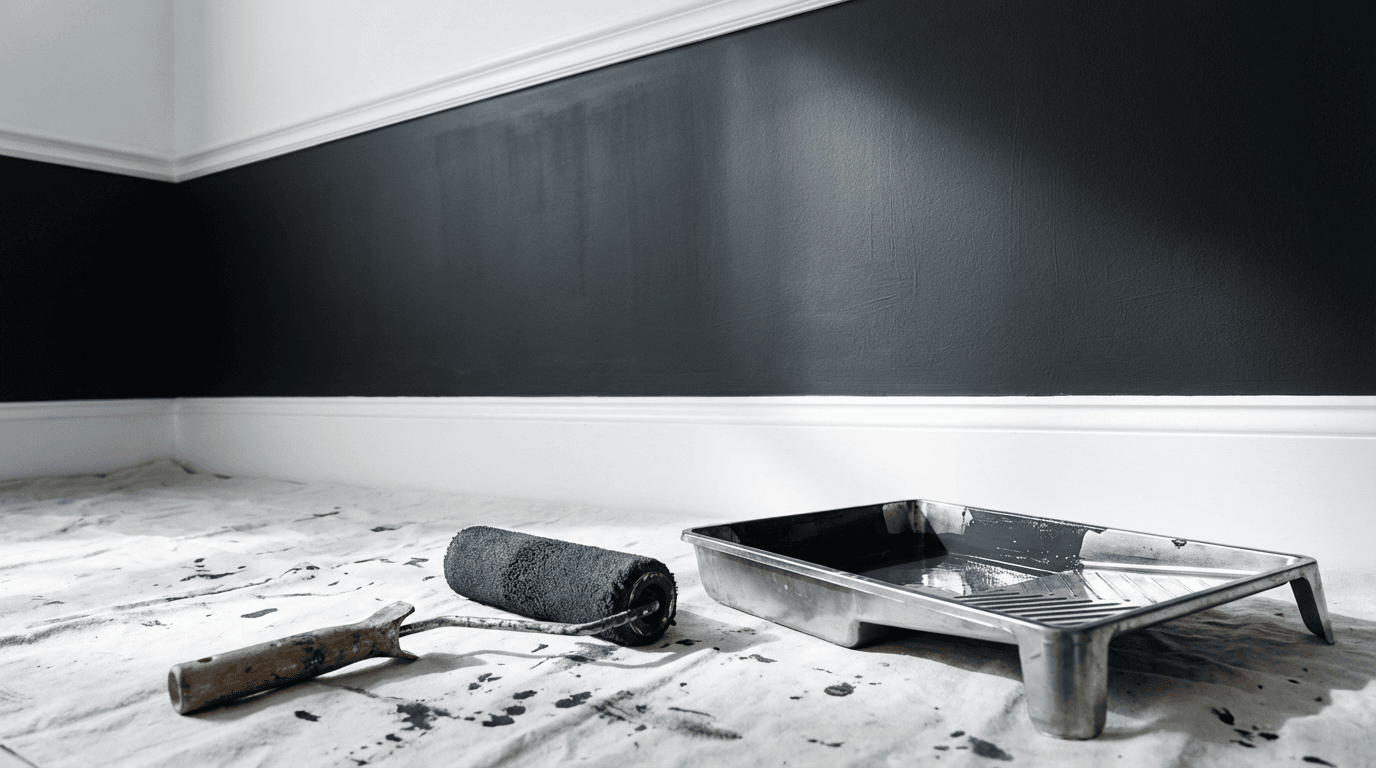 Painter applying paint to a wall with a roller in a bright living room