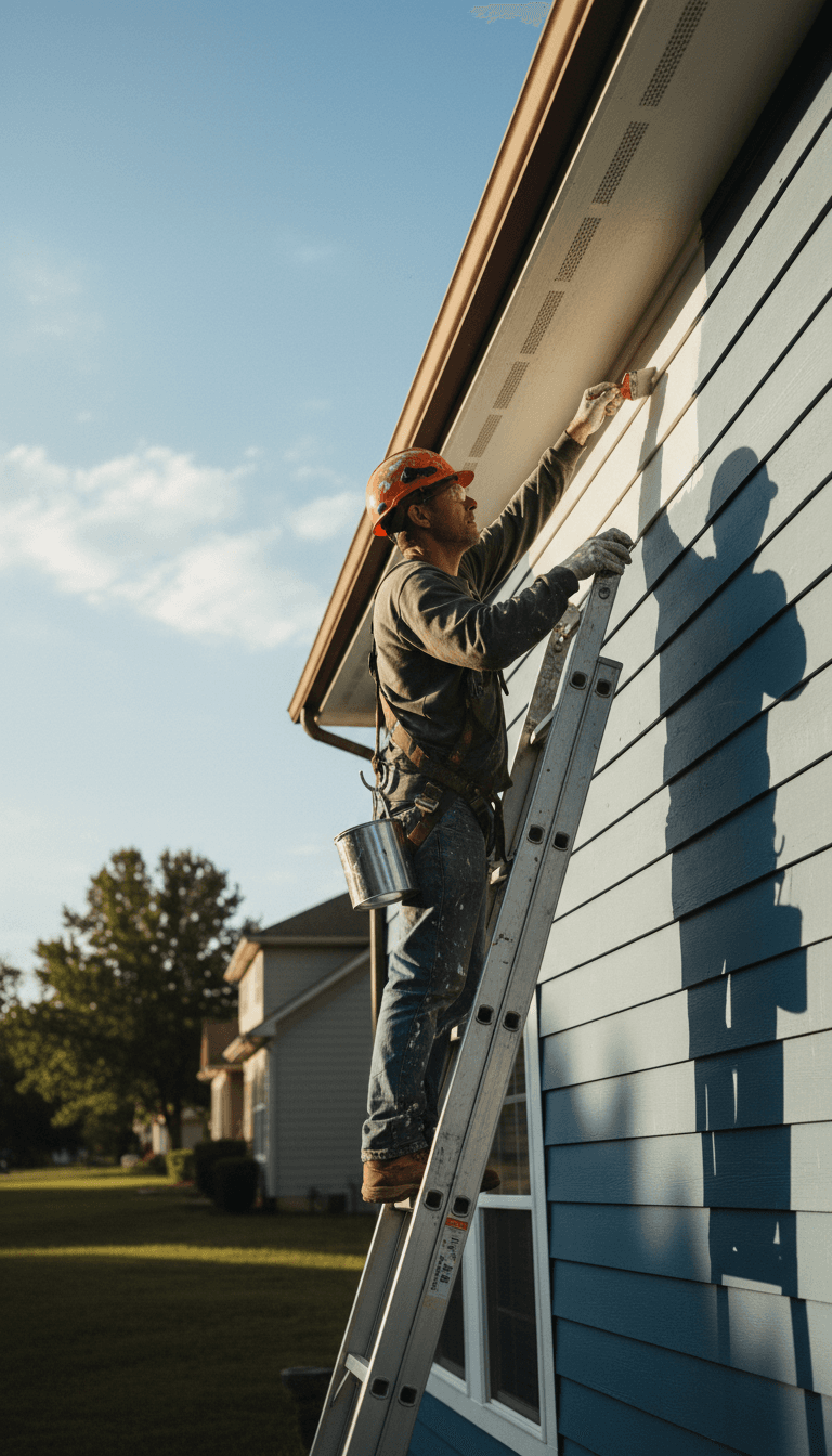 Painter applying exterior house paint