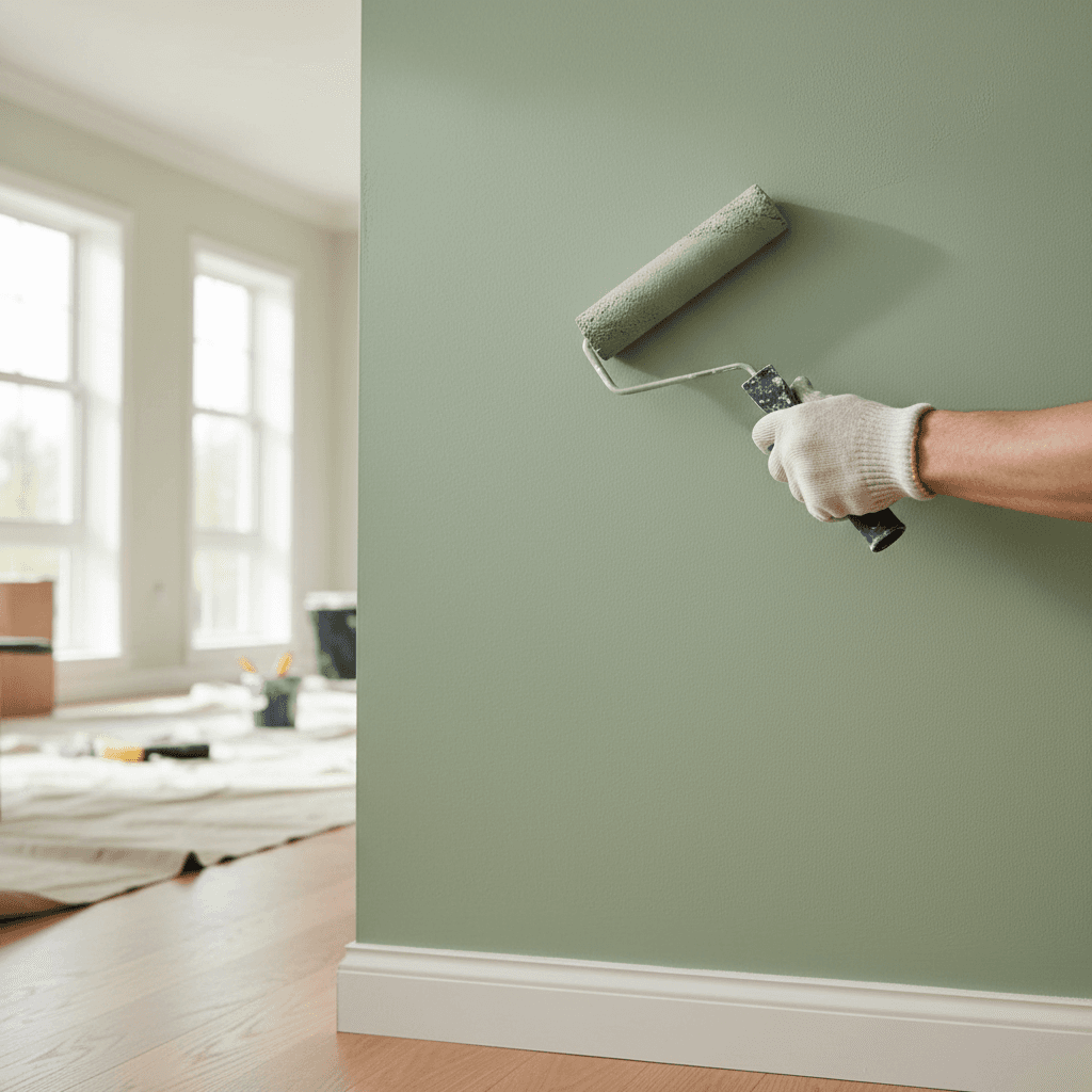 Painter applying paint to an interior wall