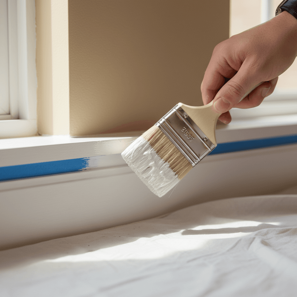 Painter finishing window trim