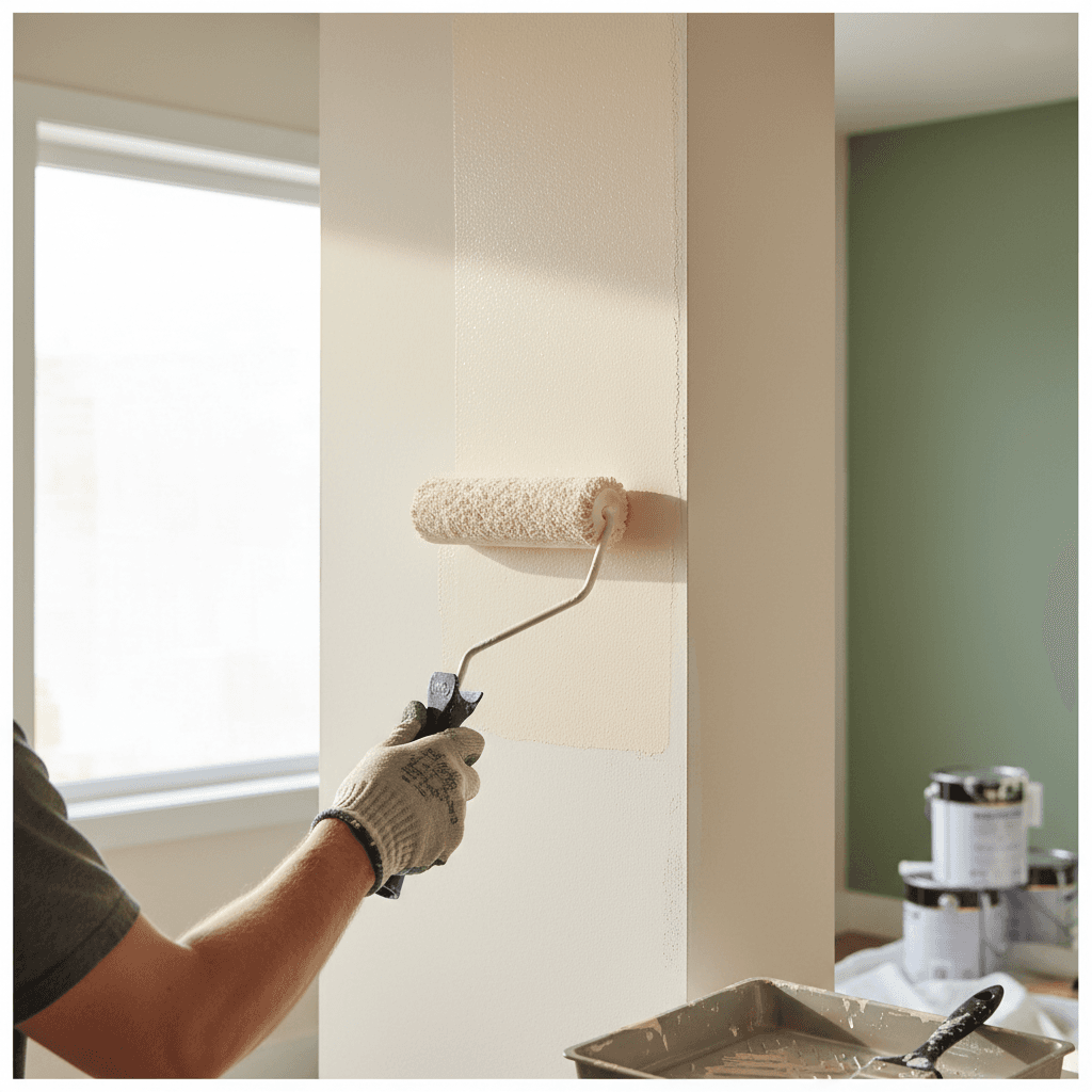 Professional painter rolling paint onto a wall in a bright living room
