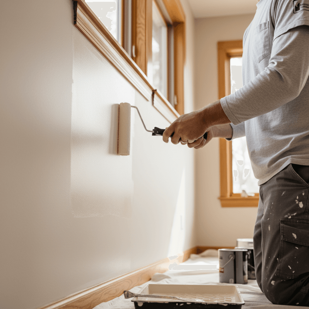 Painter applying paint to an interior wall with a roller
