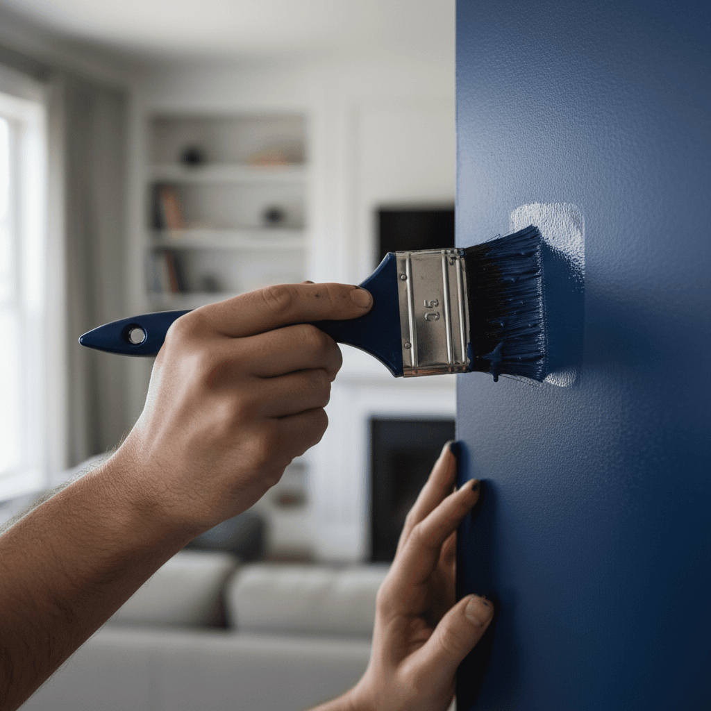 Painter holding a paint tray with blue paint in a residential interior