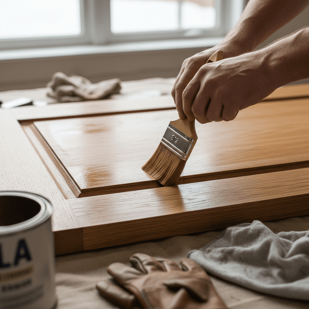 Painter sanding a wooden door frame during prep work