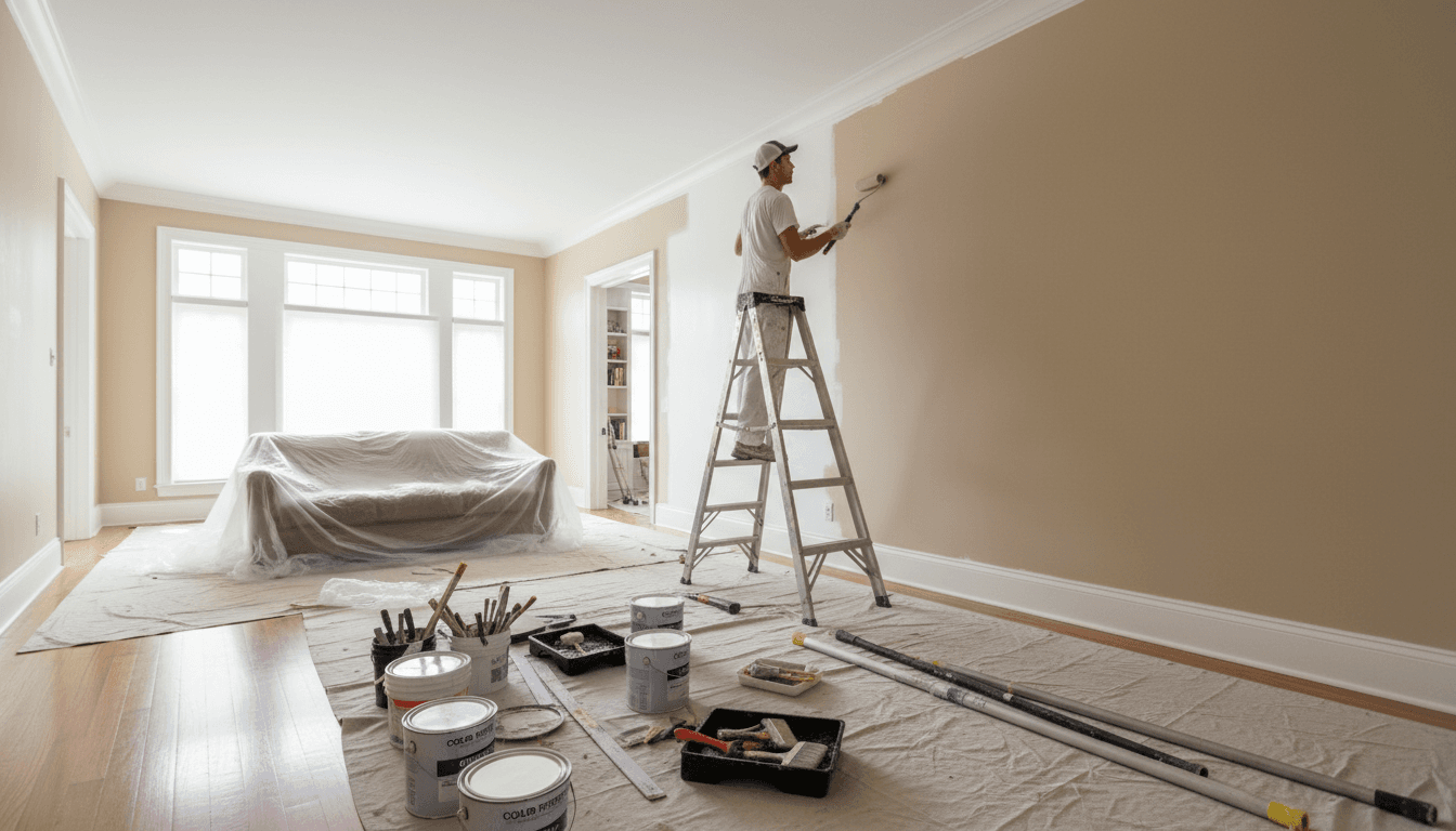 Professional painter preparing a wall in a bright room with drop cloths and tools