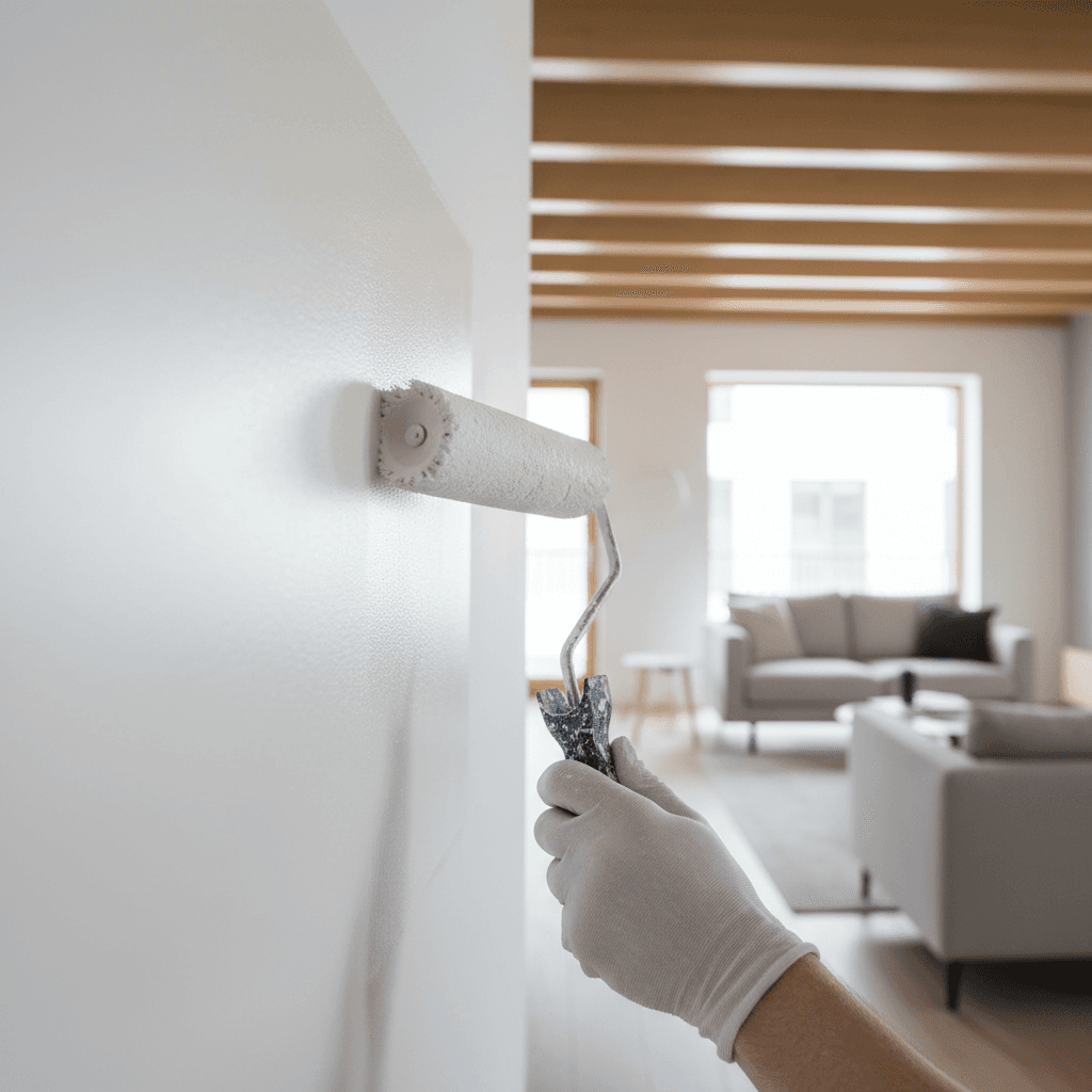 Painter applying paint to a living room wall with a roller