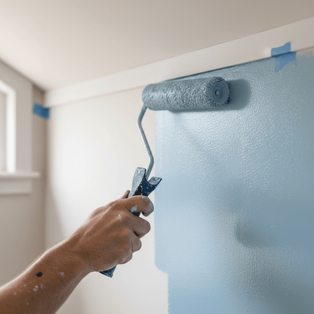 Painter rolling paint onto a wall in a bright room