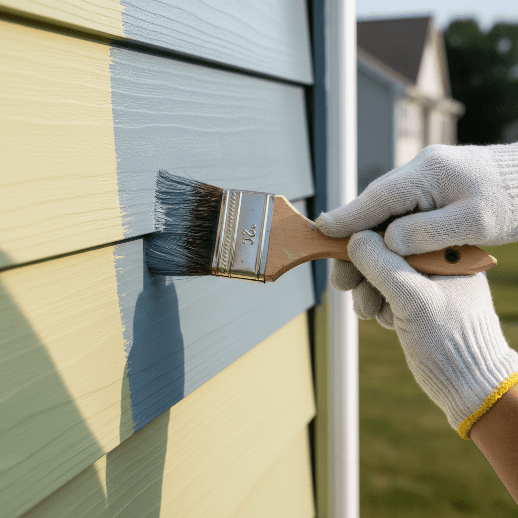 Painter working on exterior house siding